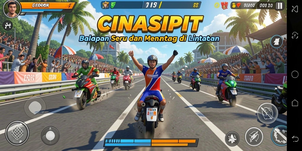 Tangkapan layar gameplay CINASIPIT menampilkan aksi balapan yang mendebarkan.