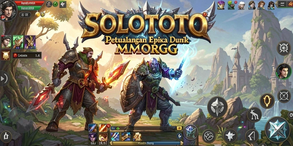 Screenshot SOLOTOTO menampilkan pertempuran seru di dunia fantastik dengan banyak pemain.